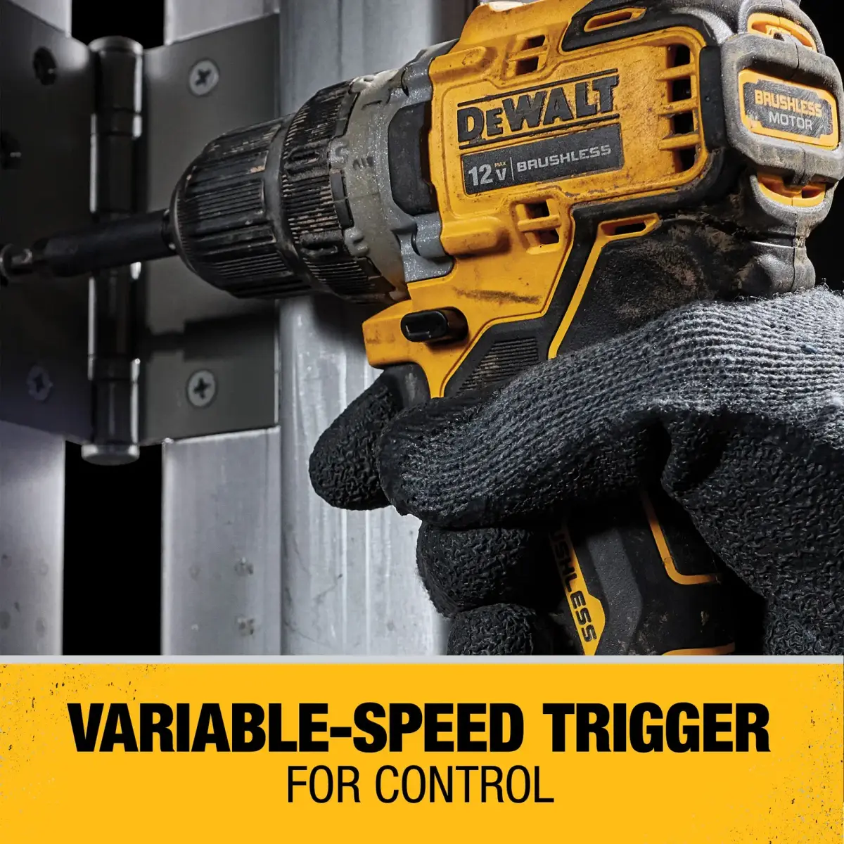 DEWALT 12V drill driver driving a fastener into a metal frame