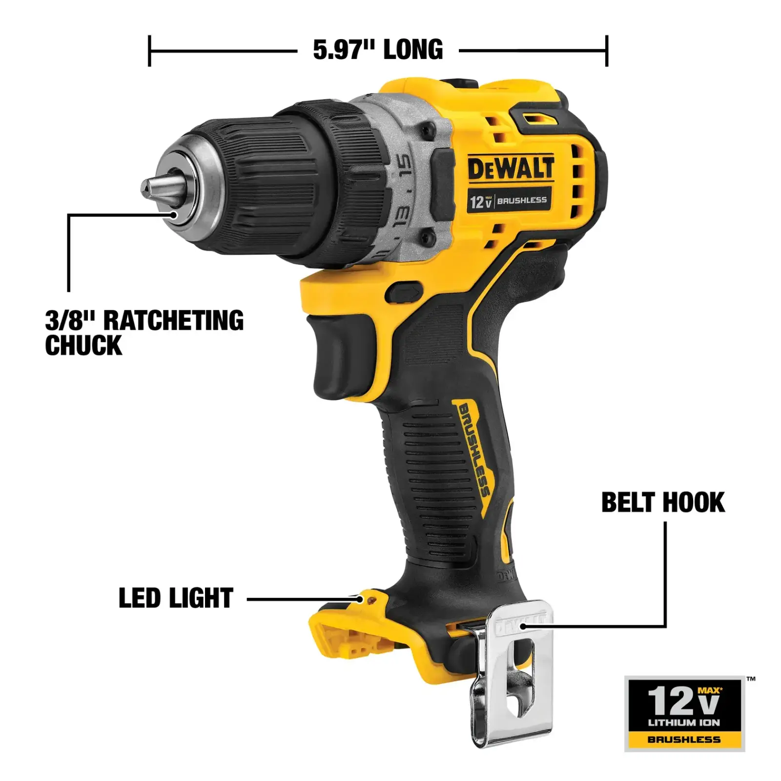 치수 표시가 있는 DEWALT 12V MAX 브러시리스 3/8인치 드릴 드라이버 본체만