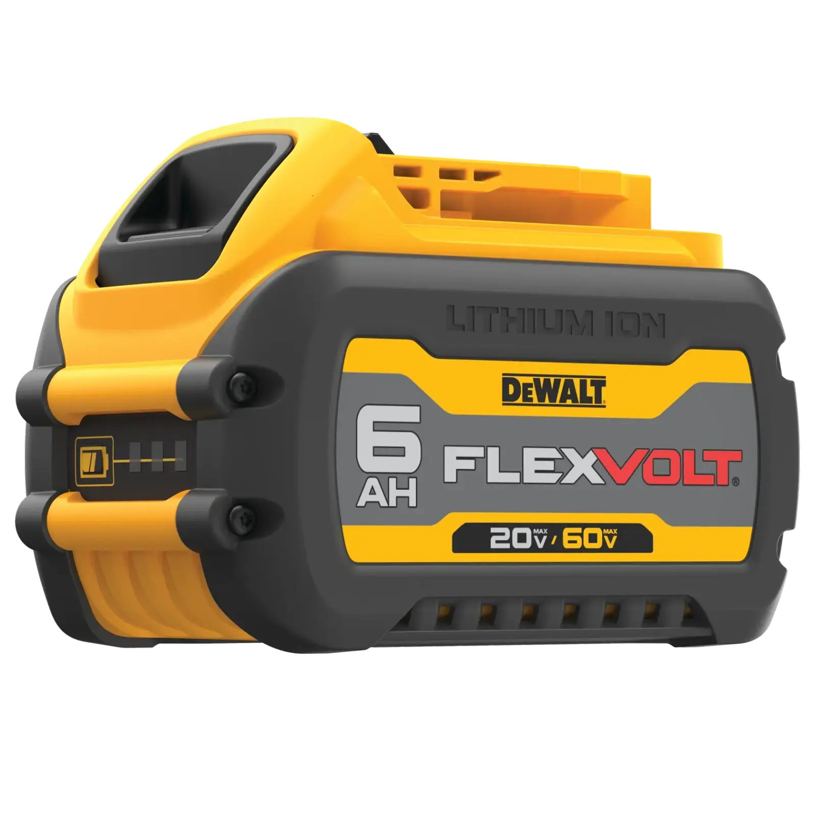 DEWALT FLEXVOLT yellow and black battery pack, side angle