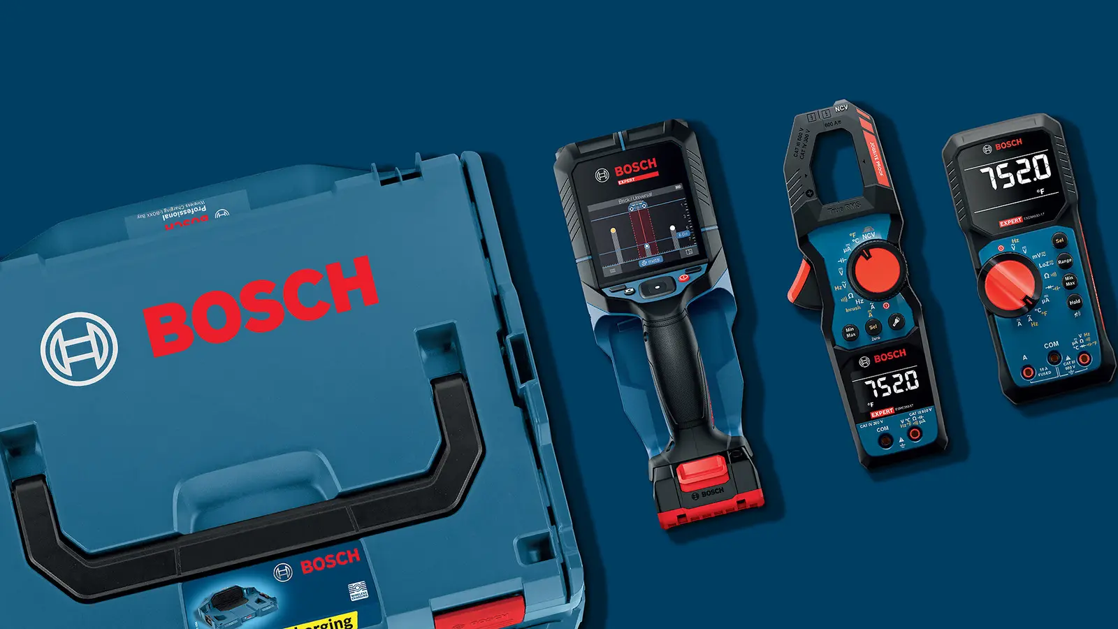 Maletín L-BOXX de Bosch con escáner de pared, pinza amperimétrica y multímetro sobre fondo azul