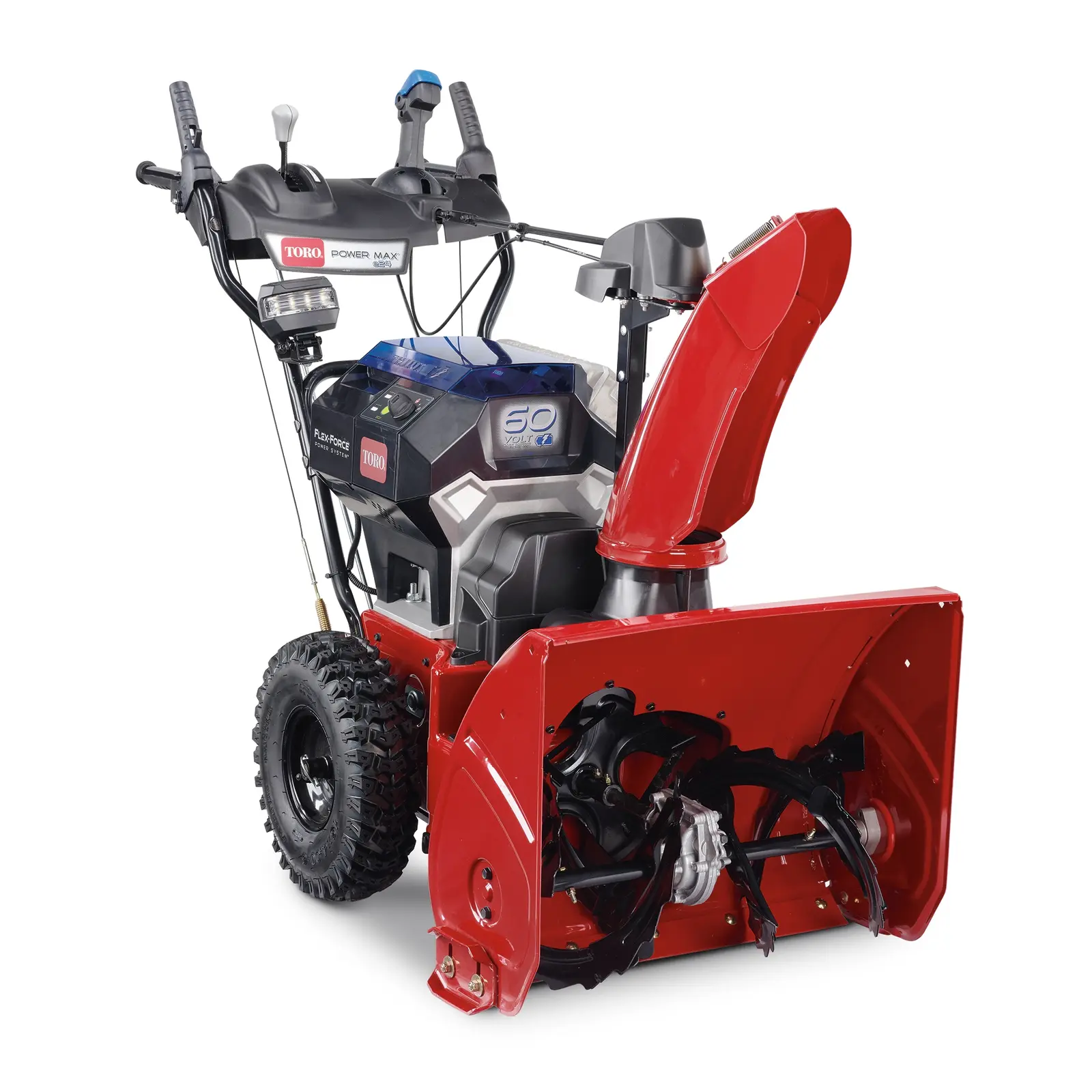 Souffleuse à neige sans fil à deux étages Toro Power Max e24 sur fond blanc