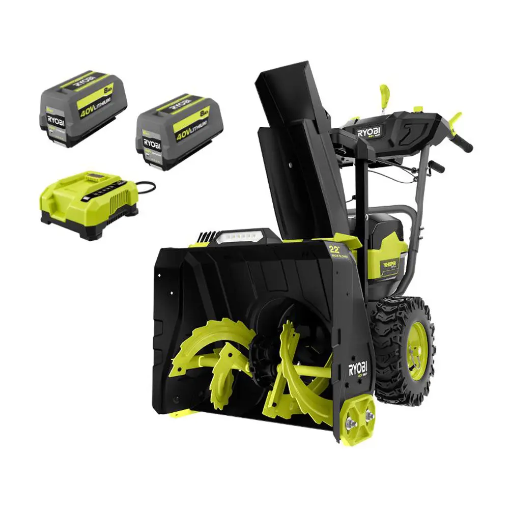 Ryobi 40V HP two-stage snow blower shown with two batteries and a charger