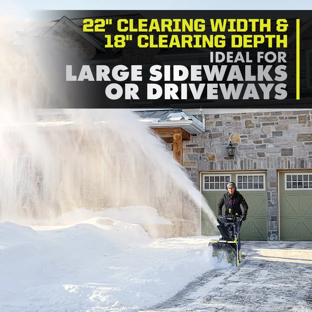 Ryobi snow blower throwing a long arc of snow in front of a house