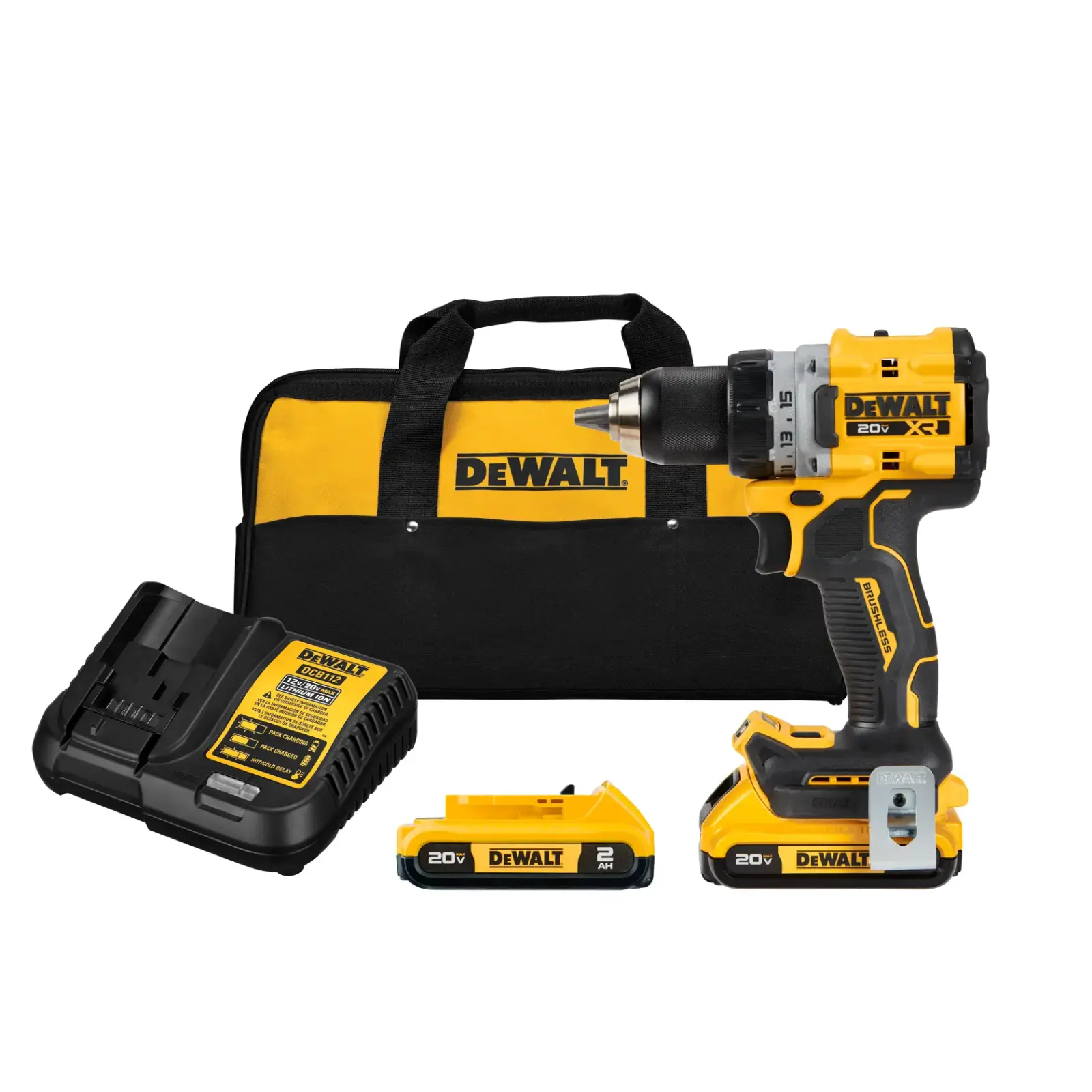 DEWALT 20V MAX XR 无碳刷电钻套装，附两颗电池、充电器及工具袋