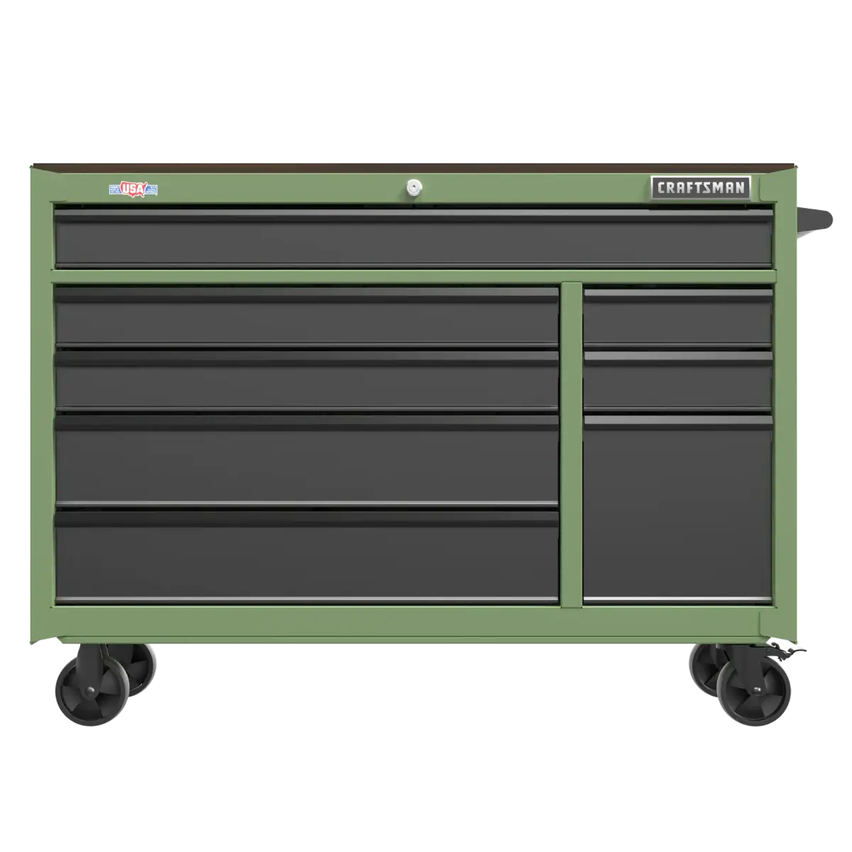 Front view of the army green 8-drawer rolling workstation with black drawers