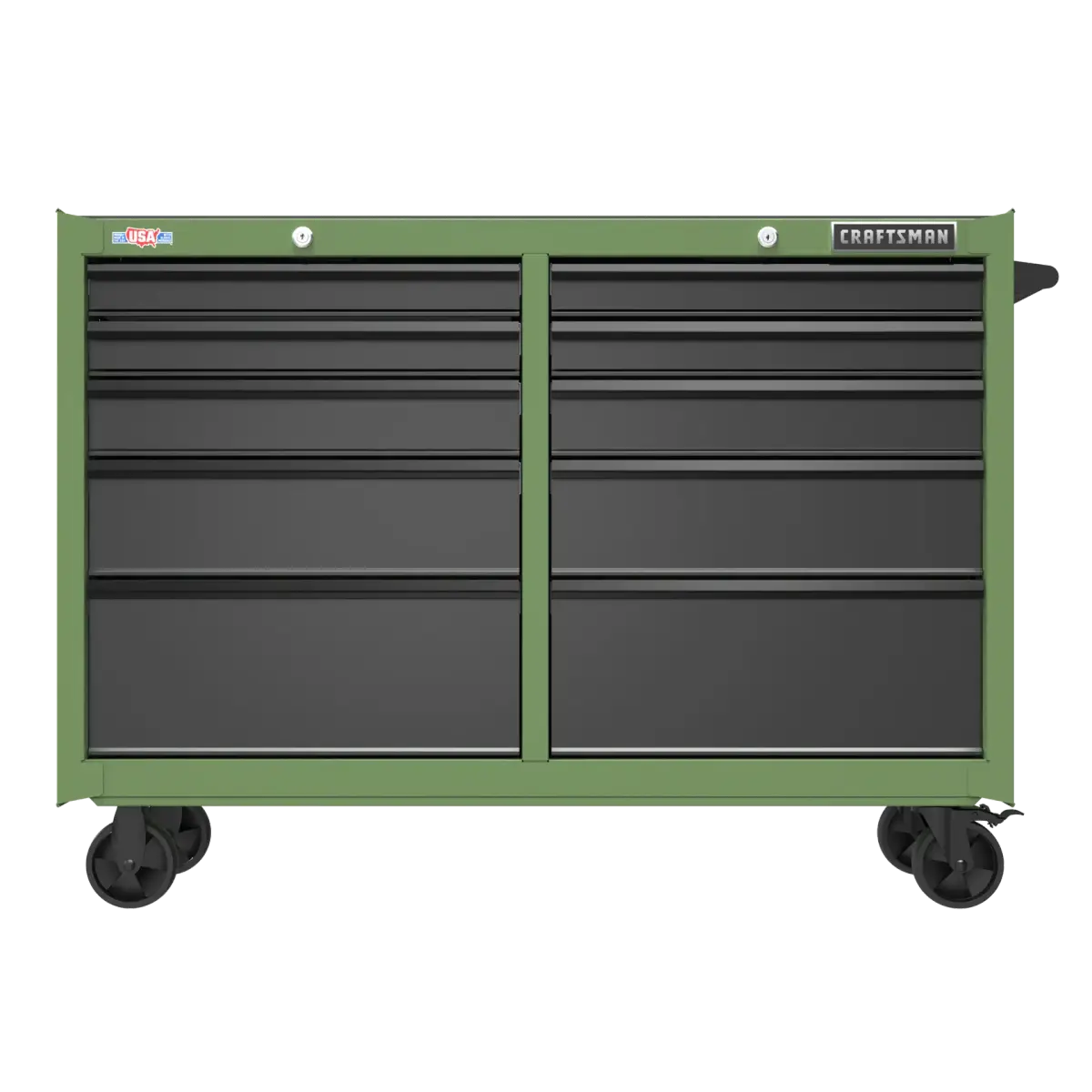 Front view of the army green 10-drawer rolling cabinet with two columns of drawers