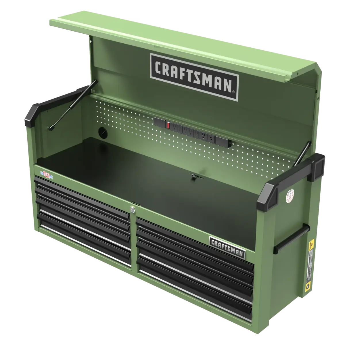 Army green 8-drawer open till chest with the lid raised, showing the pegboard back and power strip
