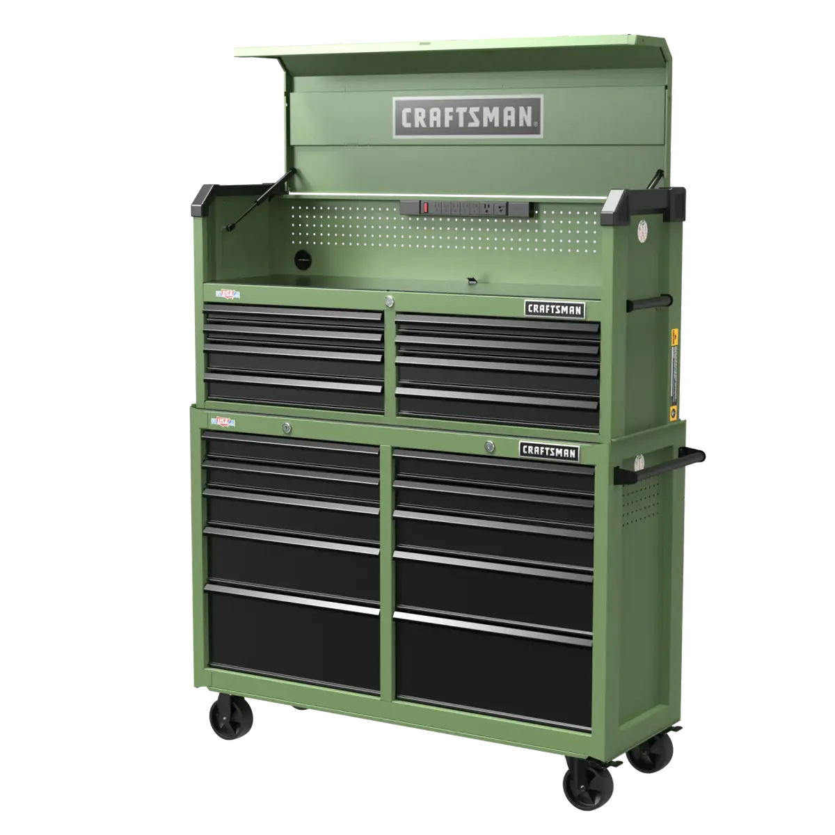 Army green top chest stacked on the 10-drawer rolling cabinet as a combined set