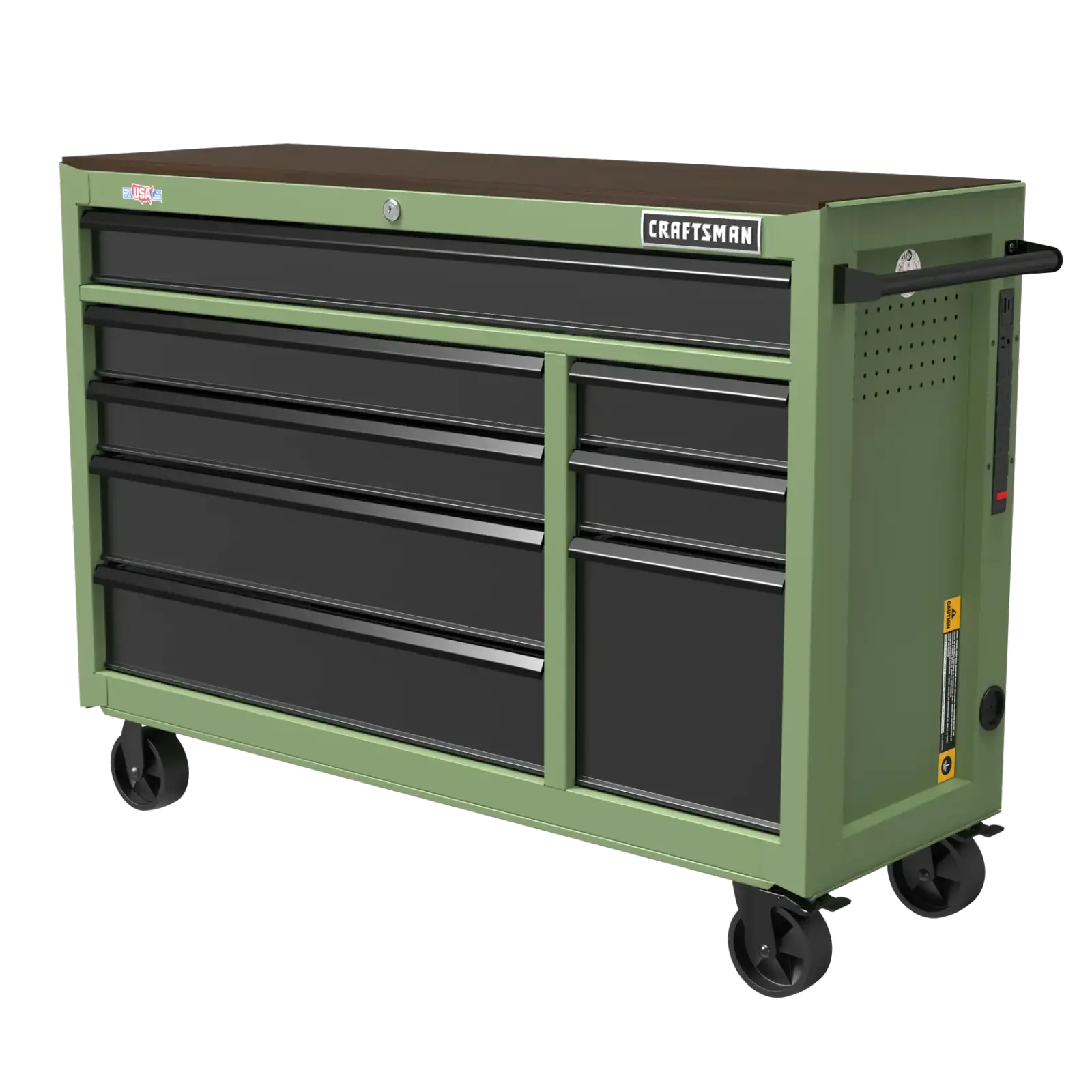 Army green Craftsman 52 in. rolling tool workstation with eight drawers and black drawer fronts