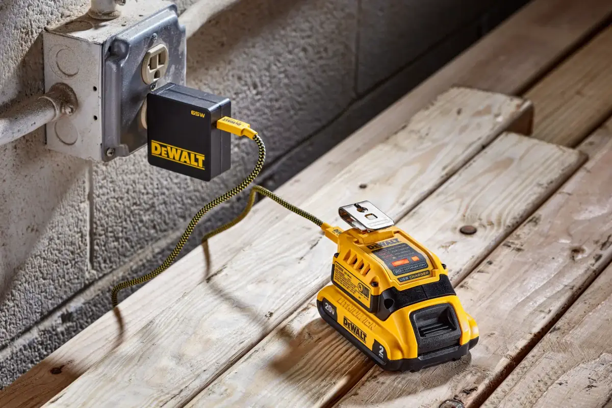 DEWALT USB charger cabled to a power supply plugged into a wall outlet