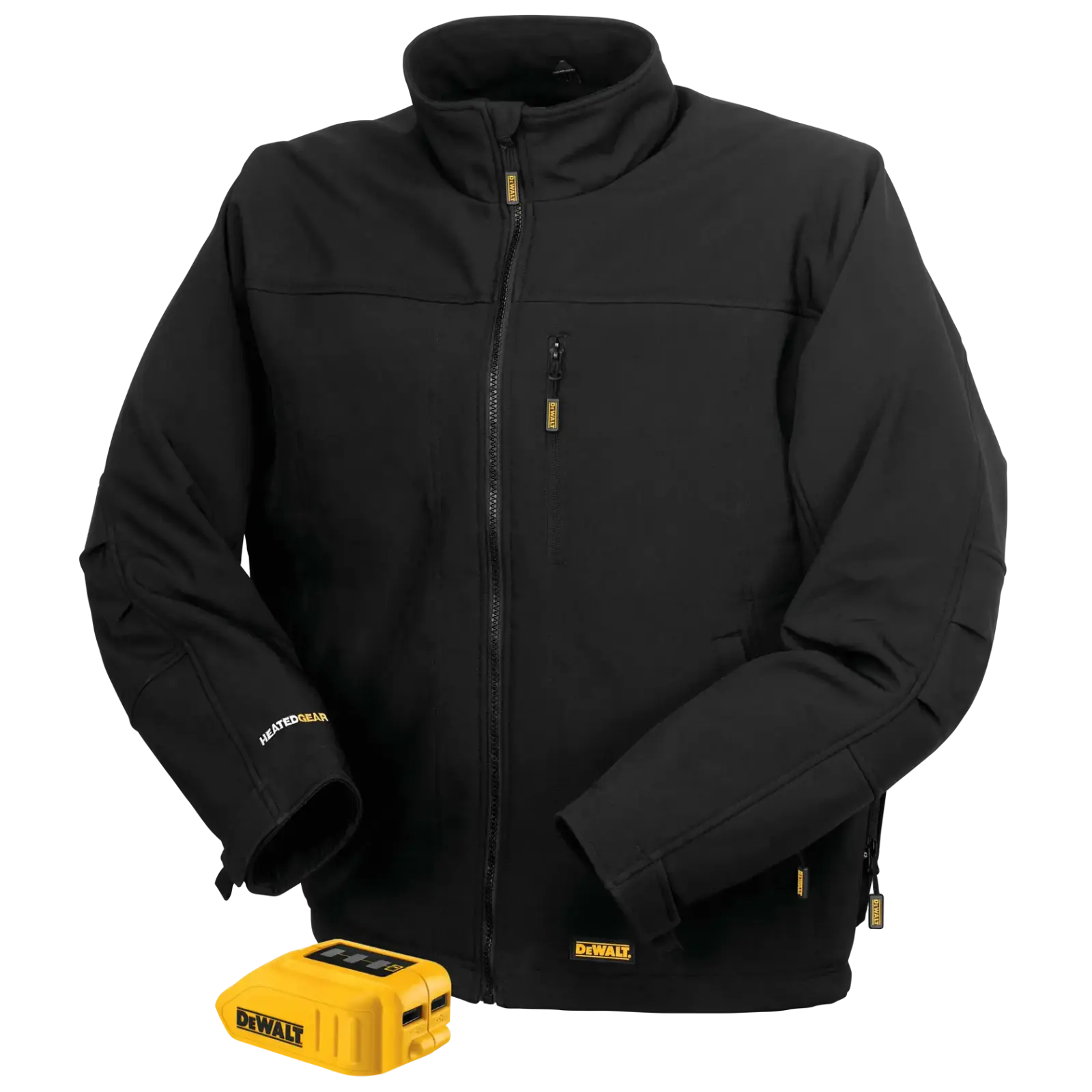 ਪੀਲੇ USB ਪਾਵਰ ਸੋਰਸ ਕੋਲ ਰੱਖੀ ਕਾਲੀ DEWALT 20V MAX ਸਾਫਟ ਸ਼ੈੱਲ ਹੀਟਿਡ ਜੈਕਟ