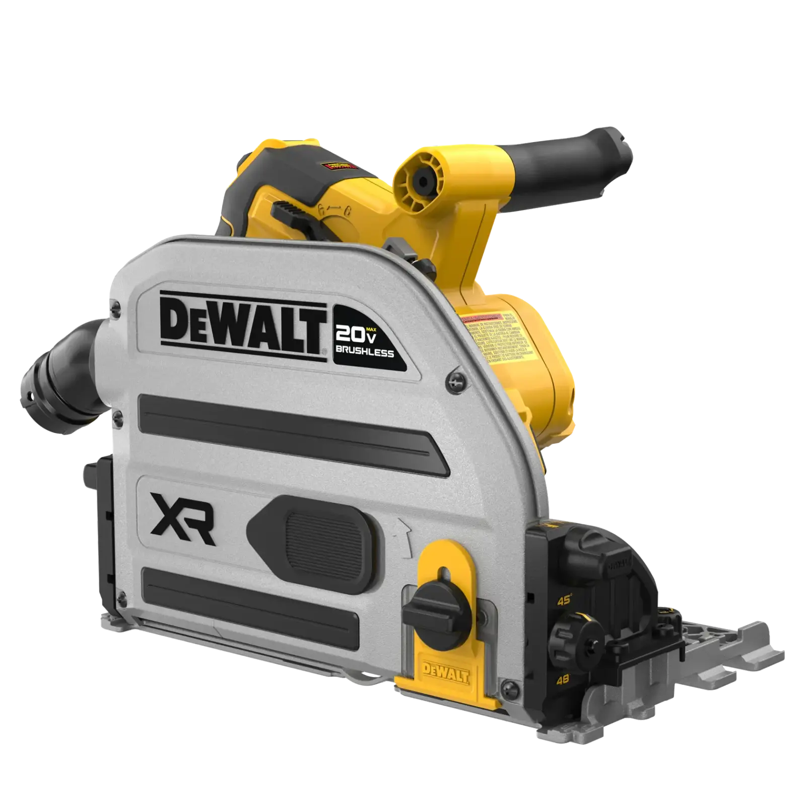 ਸਾਦੀ ਪਿੱਠਭੂਮੀ ਤੇ DEWALT 20V MAX XR ਬੈਟਰੀ ਵਾਲੀ ਪਲੰਜ ਟਰੈਕ ਆਰੀ