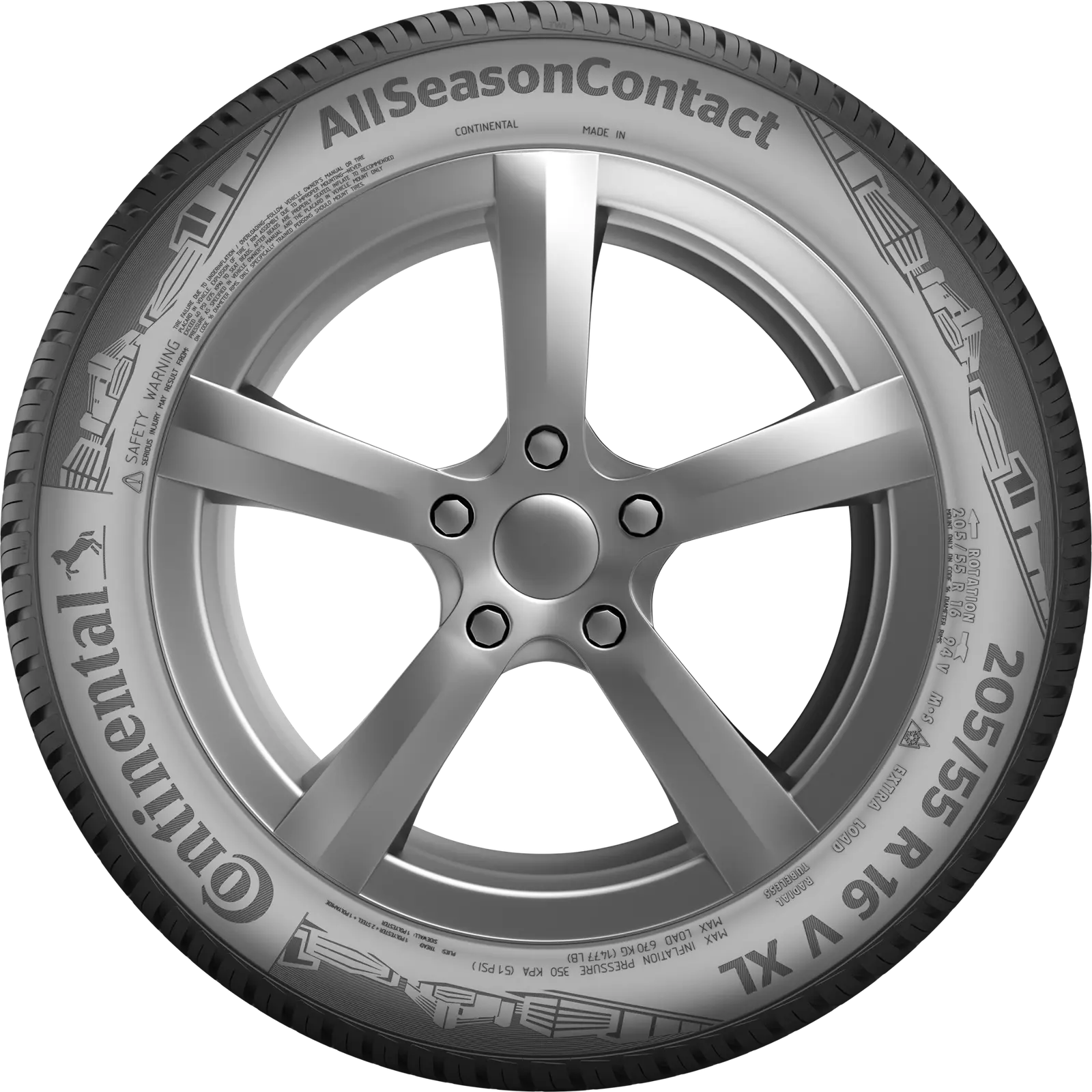 Rueda y neumático de auto con cinco orificios para tuercas, vistos de lado