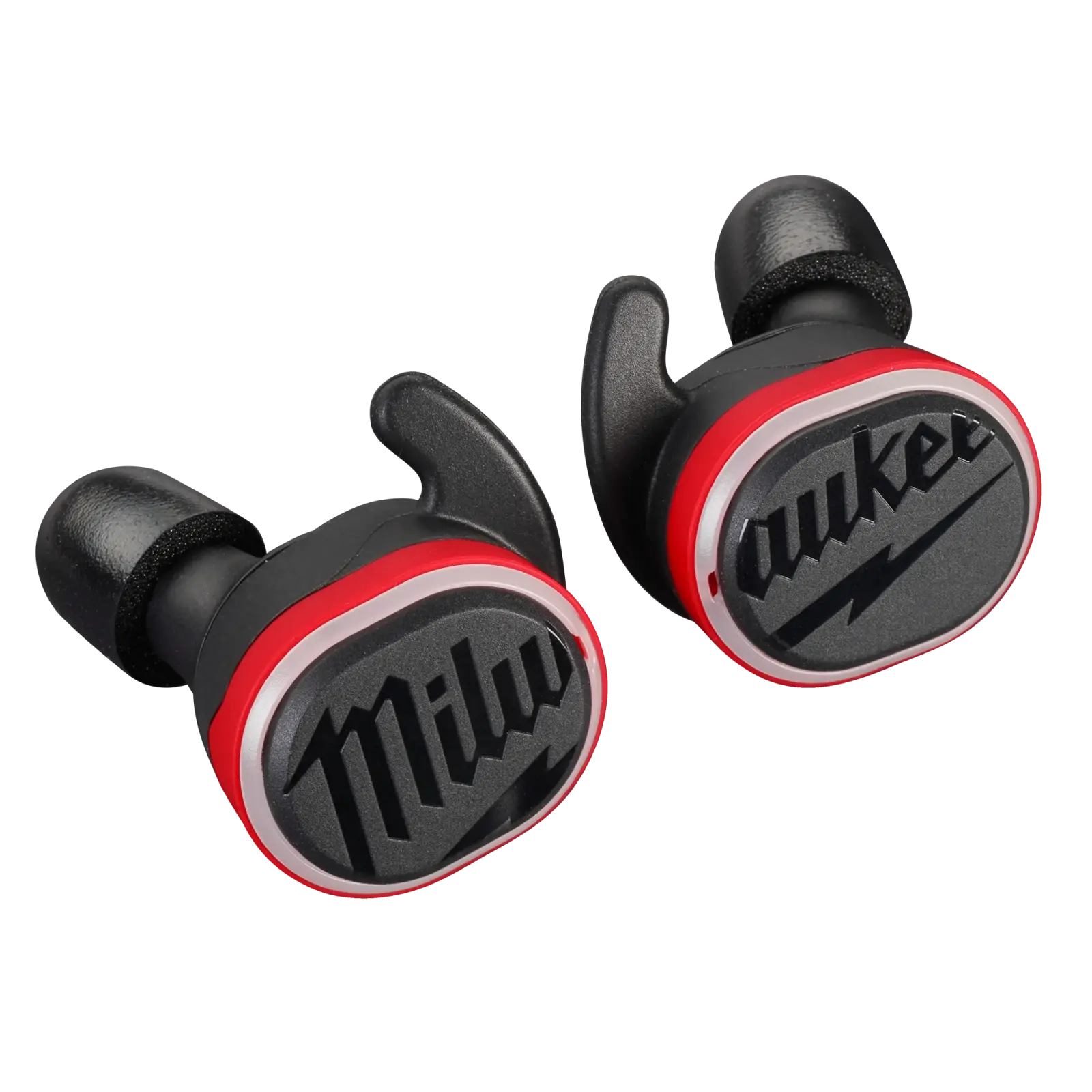 Auriculares Bluetooth de obra Milwaukee REDLITHIUM USB en rojo y negro sobre fondo oscuro