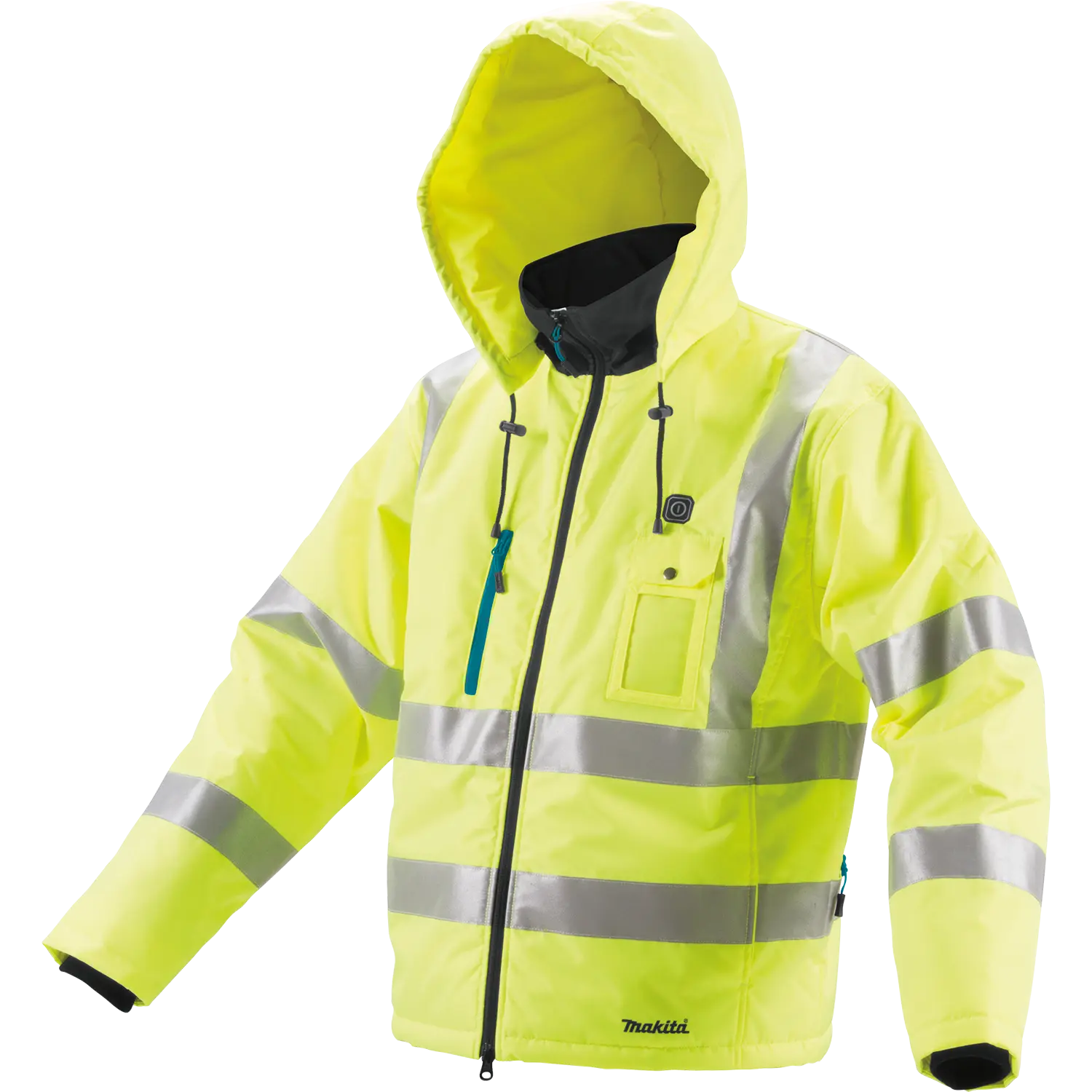 Chaqueta calefactable de alta visibilidad Makita DCJ206 amarilla con bandas reflectantes