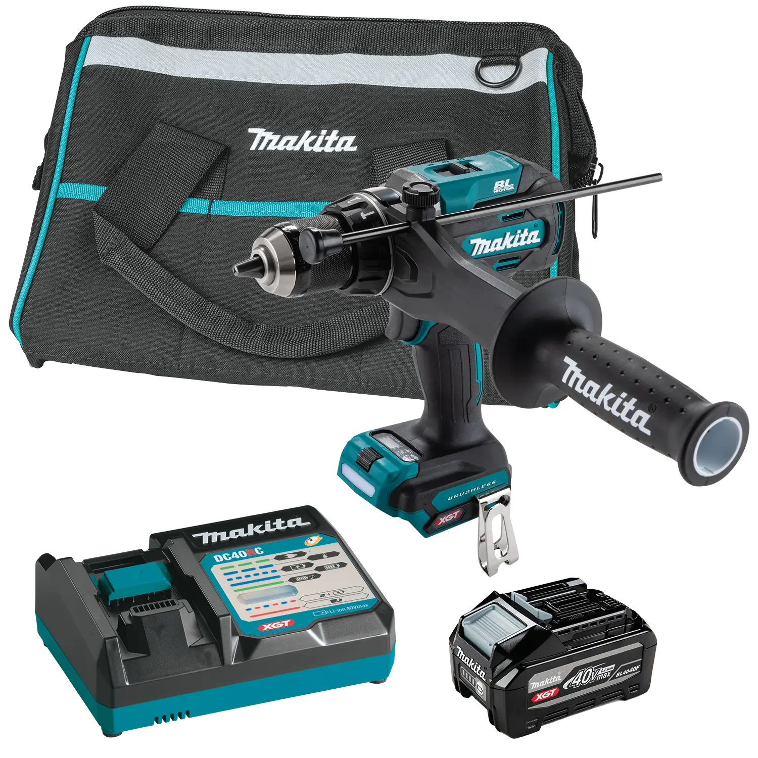 Kit de taladro percutor Makita GPH03SU1 XGT 40V max con batería, cargador y bolsa