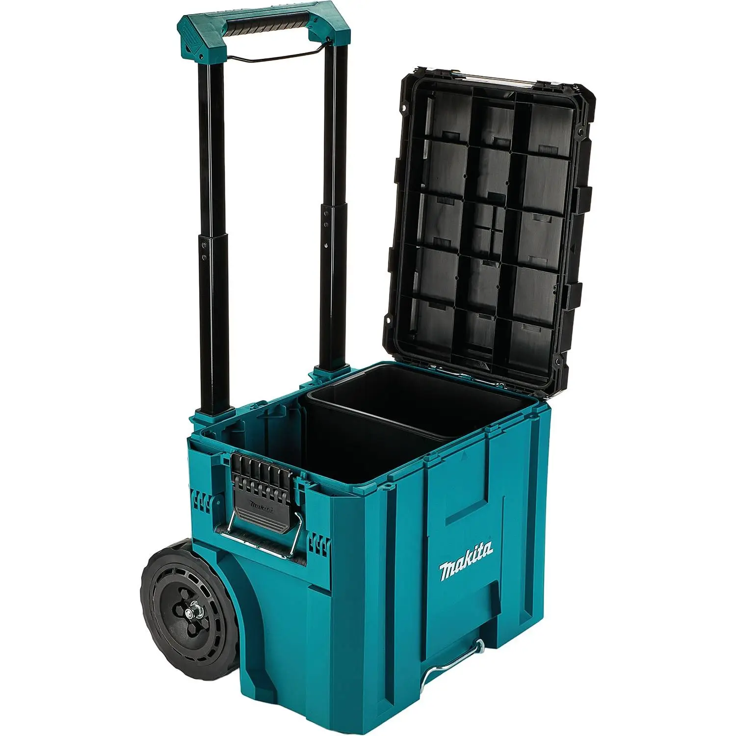 Makita MAKTRAK 바퀴형 공구함, 접이식 손잡이와 열린 뚜껑