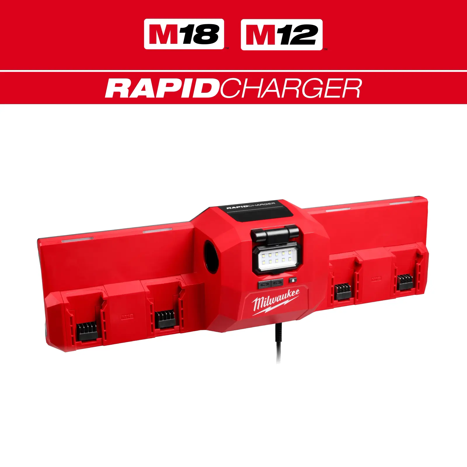ਚਾਰ ਬੈਟਰੀ ਬੇਅ ਅਤੇ ਵਿਚਕਾਰ ਫਲੱਡ ਲਾਈਟ ਵਾਲਾ Milwaukee M18 ਅਤੇ M12 ਗੈਂਗਬਾਕਸ ਰੈਪਿਡ ਚਾਰਜਰ