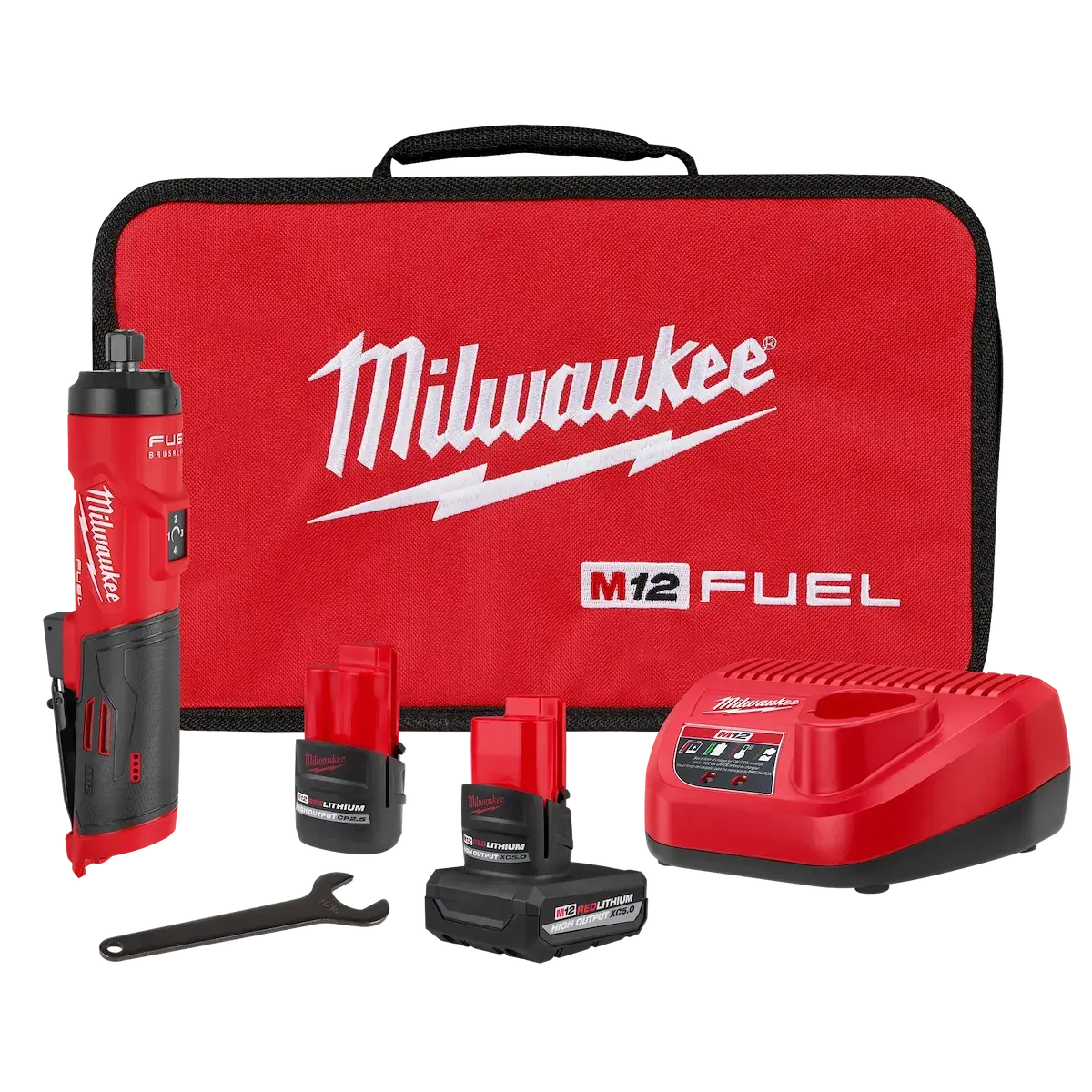 Milwaukee M12 FUELストレートダイグラインダーのキット。バッテリー2個、充電器、レンチ、ケース付き