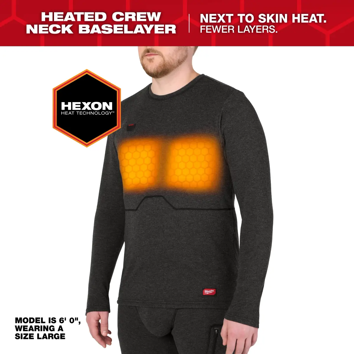 Heated crew neck baselayer with chest heat zones lit
