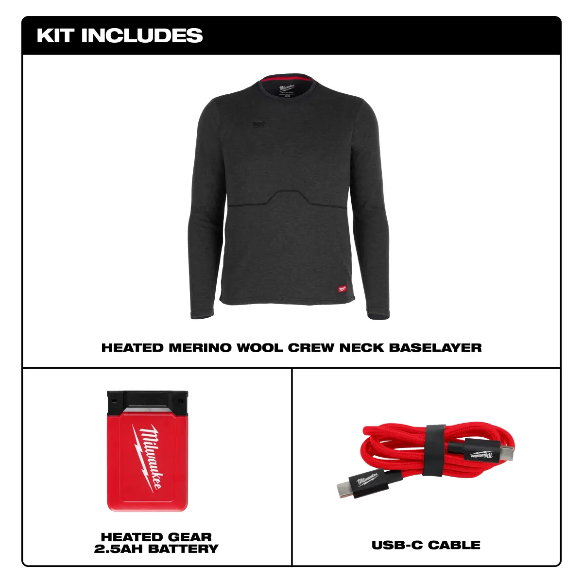 Baselayer kit contents: baselayer, 2.5AH Heated Gear battery and USB-C cable