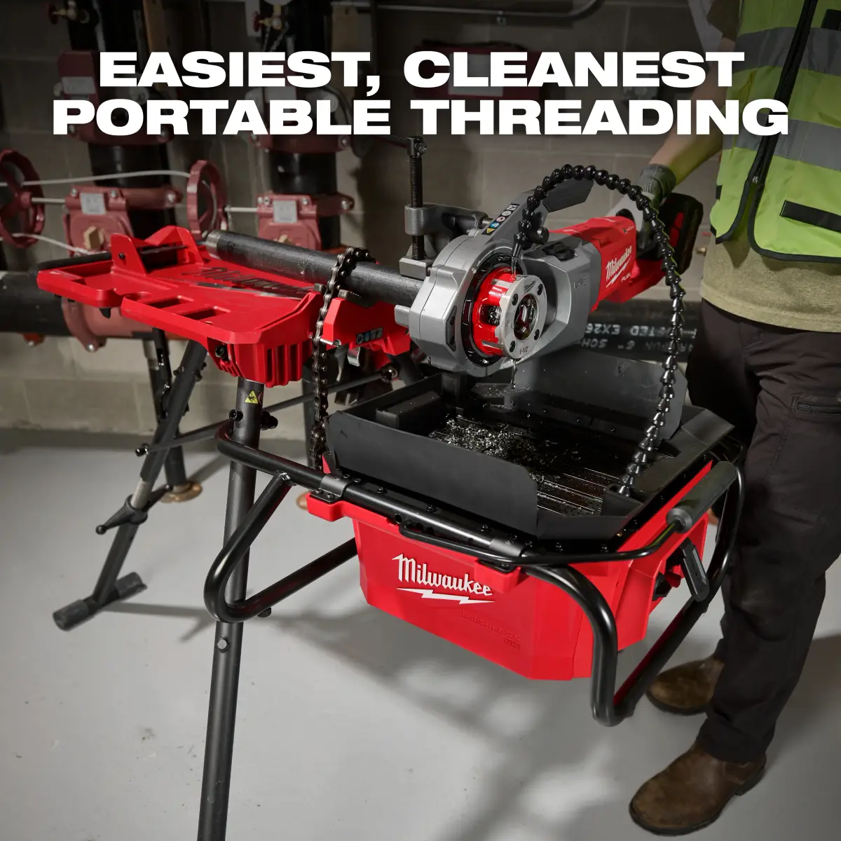 Oiler on a pipe vise stand with a threader cutting pipe on a job site
