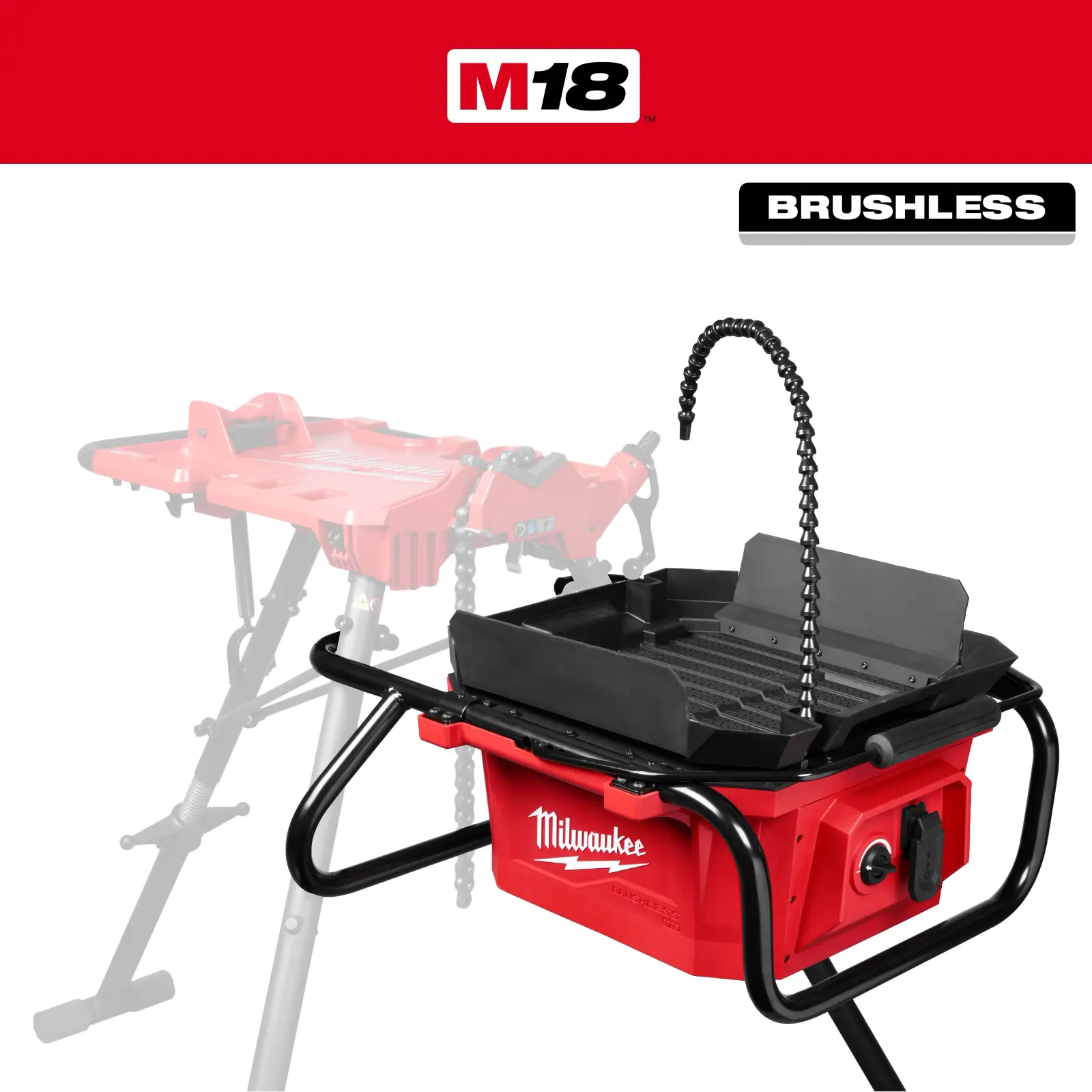 Milwaukee M18 pipe threading oiler with steel frame and catch basin on a pipe vise stand