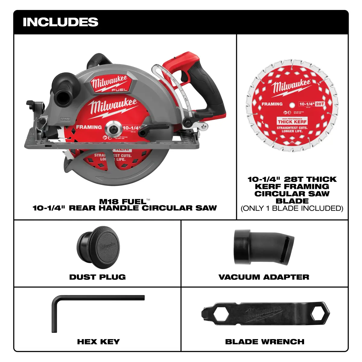 What is included with the bare tool: saw, thick kerf blade, dust plug, vacuum adapter, hex key and blade wrench