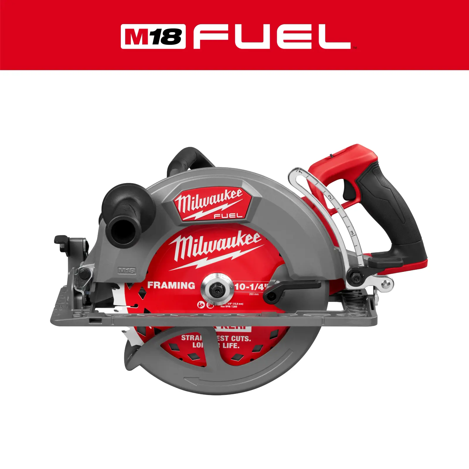 Milwaukee M18 FUEL 10-1/4 inch rear handle circular saw on a plain background