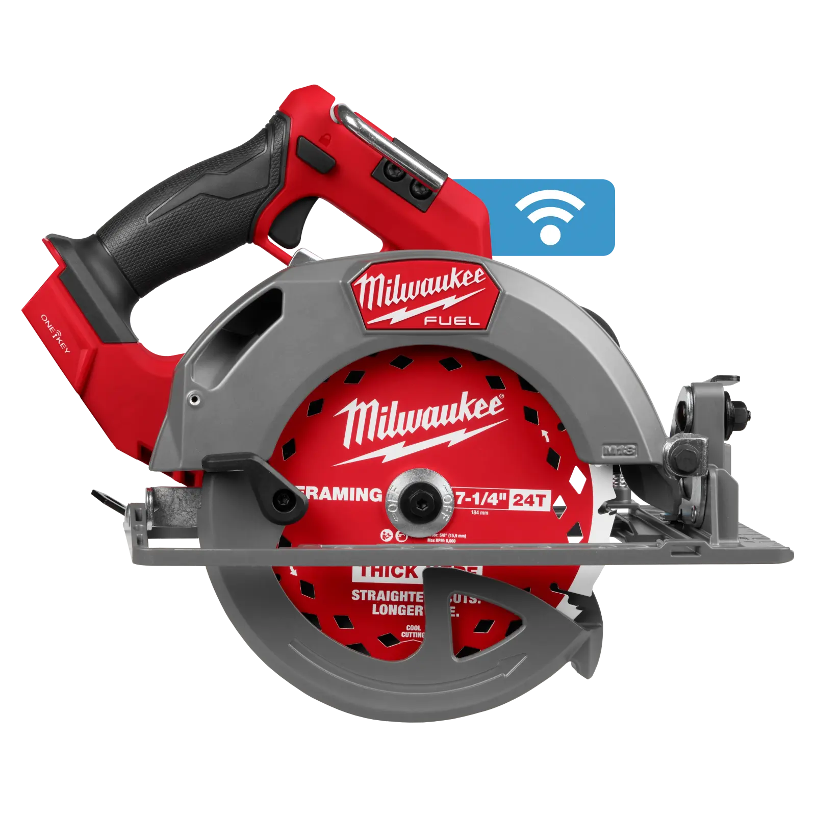 프레이밍 블레이드를 장착한 Milwaukee M18 FUEL 7-1/4인치 ONE-KEY 원형톱 측면 사진