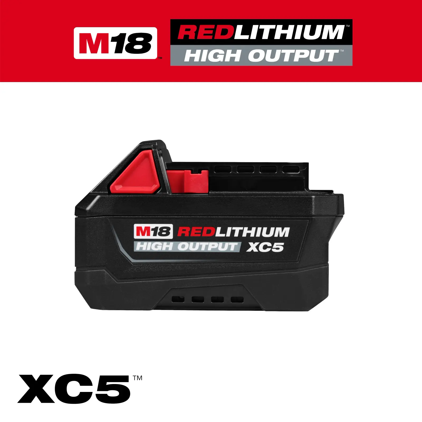 ਸਾਦੇ ਪਿਛੋਕੜ ਉੱਤੇ Milwaukee M18 REDLITHIUM High Output XC5 ਬੈਟਰੀ