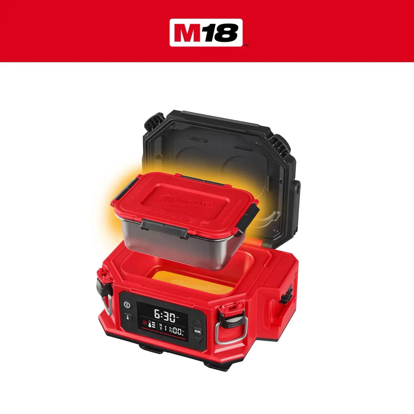 ふたを開けた状態でステンレス容器が入ったMilwaukee M18ジョブサイト・ランチウォーマー