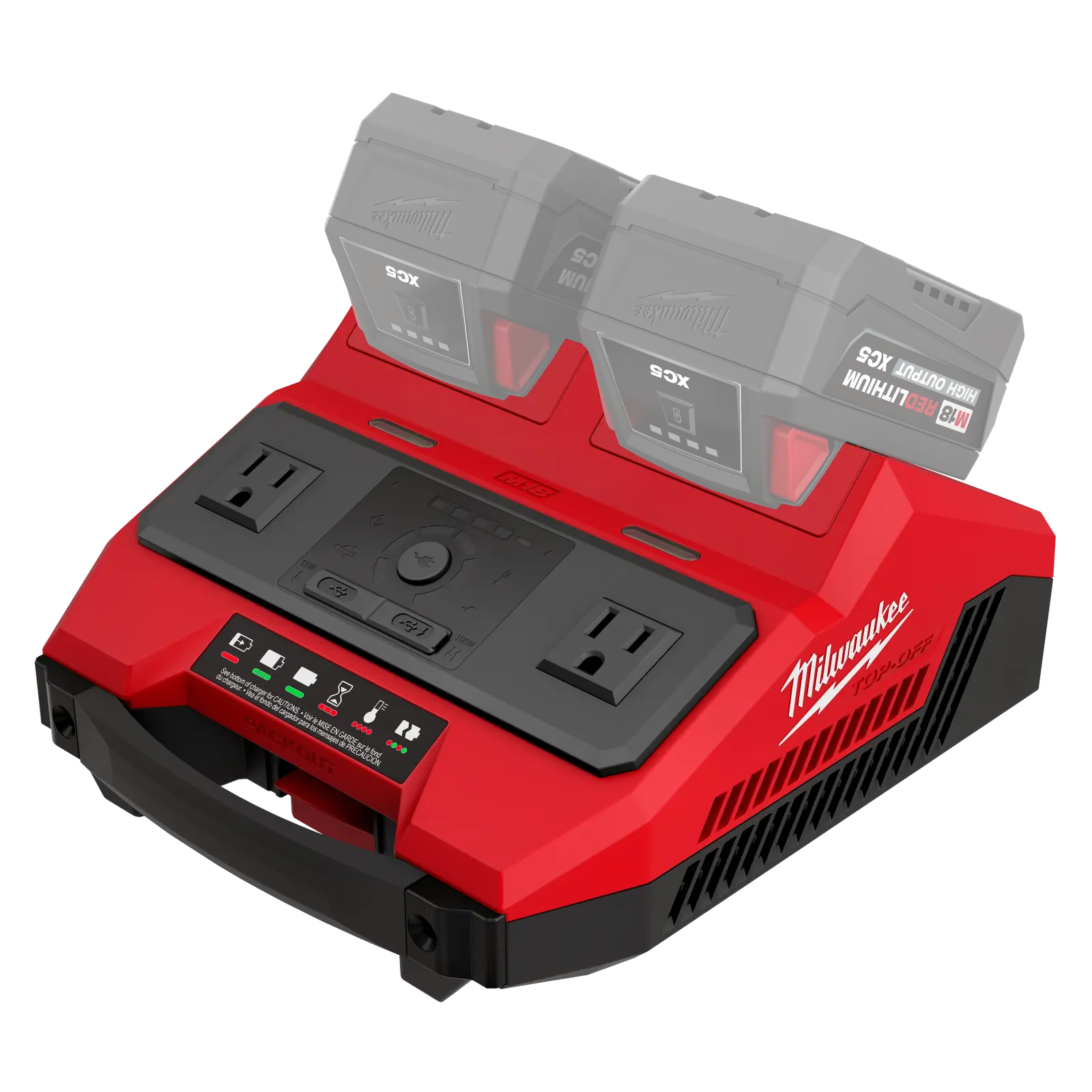 ਦੋ M18 ਬੈਟਰੀਆਂ ਅਤੇ ਦੋ AC ਆਊਟਲੈੱਟ ਵਾਲੀ Milwaukee M18 TOP-OFF 350W ਪਾਵਰ ਸਪਲਾਈ