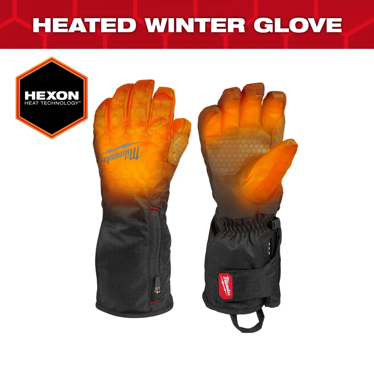 Heated winter gloves with the heat zones glowing on the back of the hand and fingers