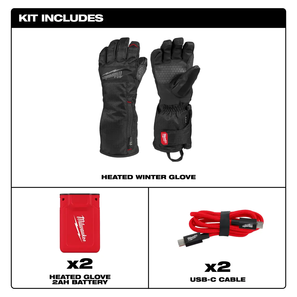 Kit contents: one pair of gloves, two 2Ah batteries and two USB-C cables