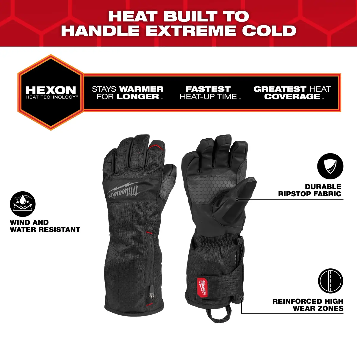 Heated winter gloves with callouts for wind and water resistance, ripstop fabric and reinforced wear zones