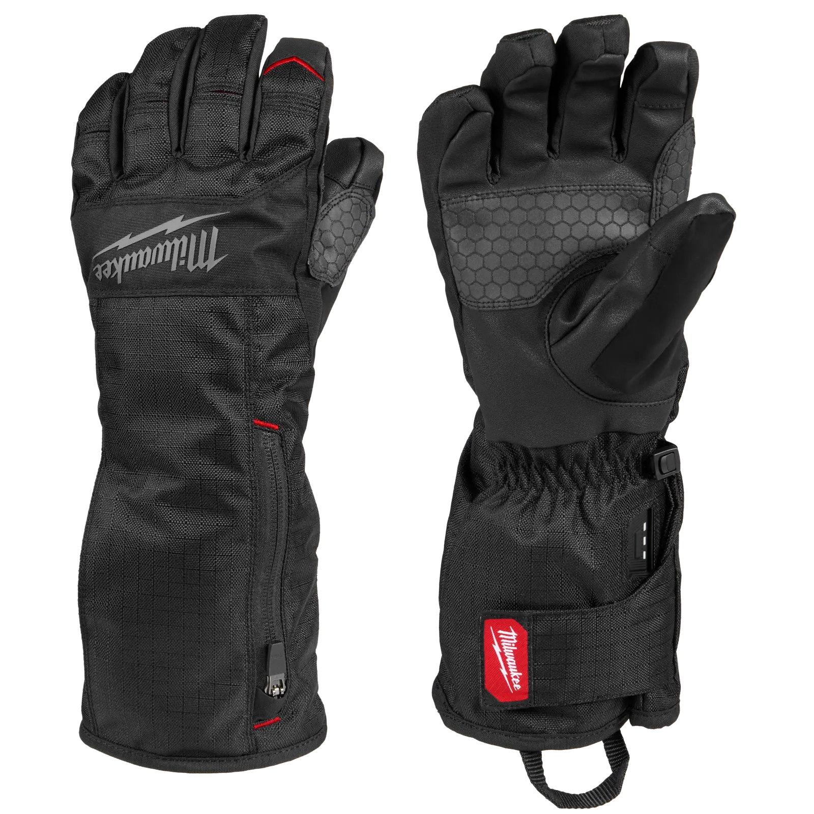 Pair of black Milwaukee M700B heated winter gloves, back and palm view