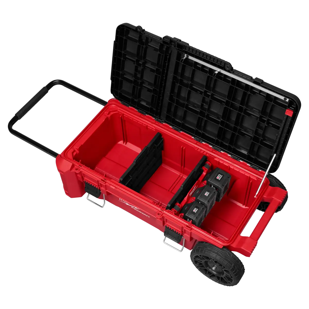 Open chest showing dividers, batteries, wheels and handle