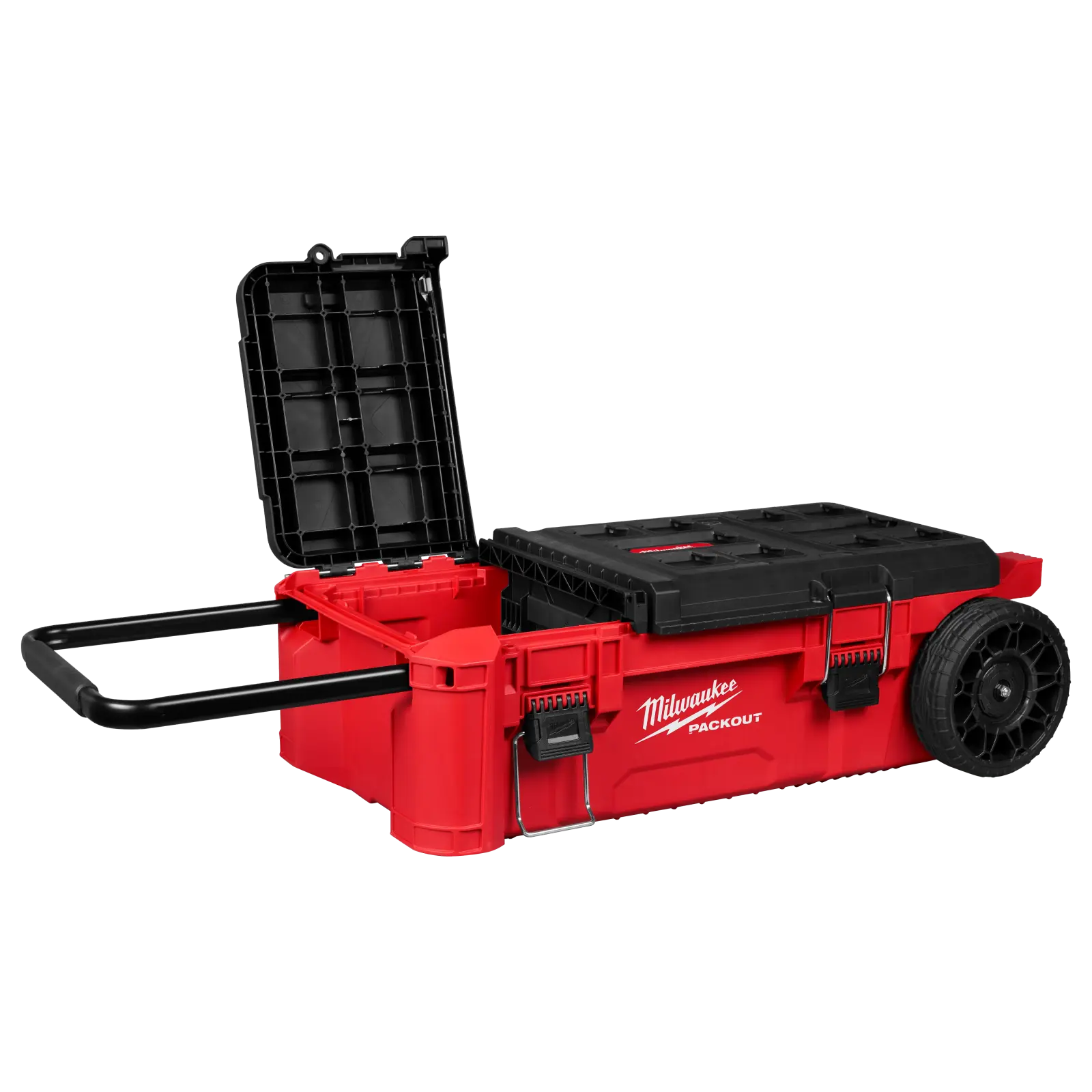 Baúl con ruedas Milwaukee PACKOUT con tapa dividida abierta y asa extendida
