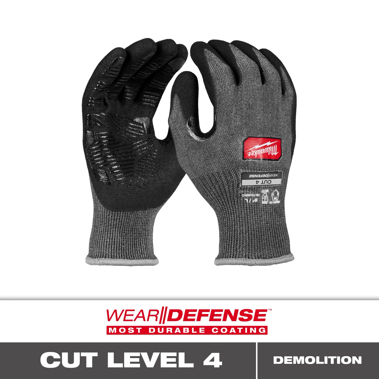 一双采用 WEAR-DEFENSE 涂层的 Milwaukee 丁腈浸胶工作手套
