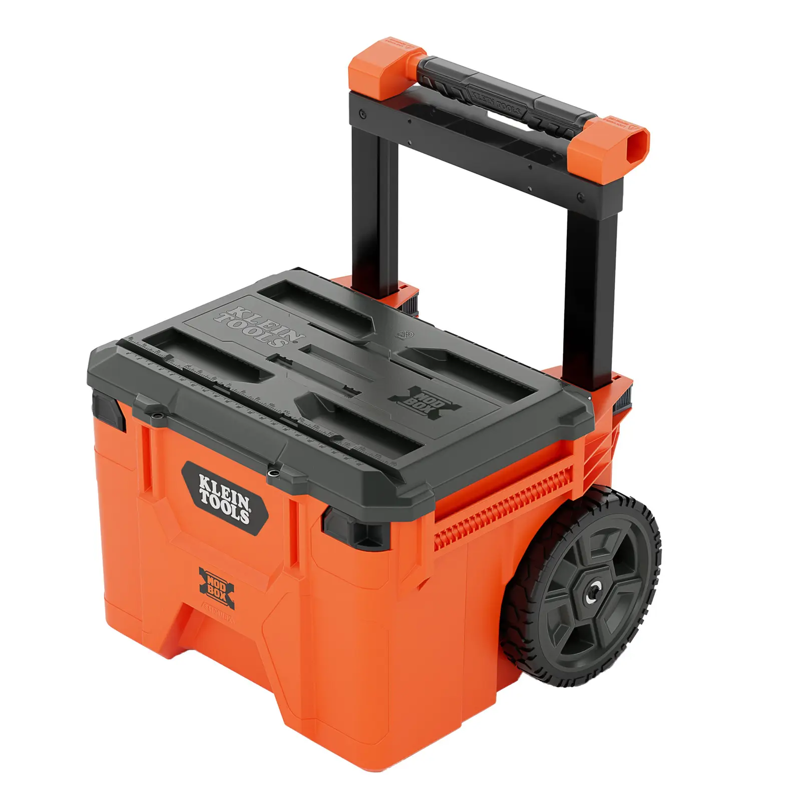 ਖਿੱਚਣ ਵਾਲੇ ਹੈਂਡਲ ਅਤੇ ਪਹੀਆਂ ਵਾਲਾ ਸੰਤਰੀ Klein Tools MODbox ਰੋਲਿੰਗ ਟੂਲ ਬਾਕਸ