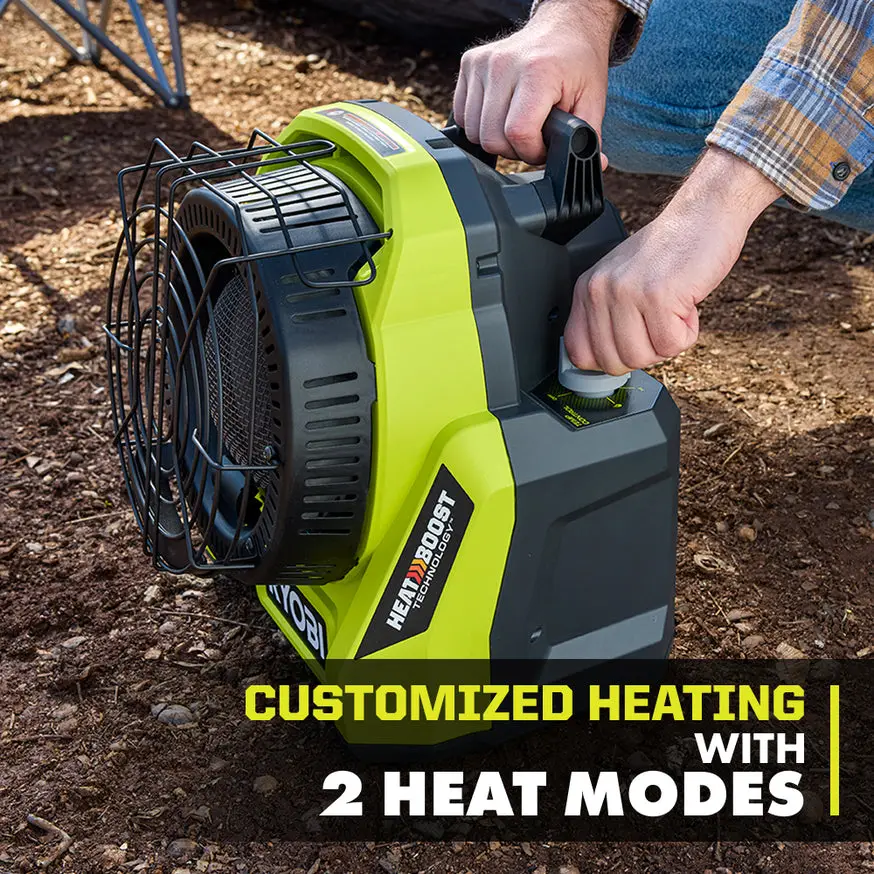Bàn tay xoay núm điều khiển của máy sưởi propane Ryobi, ghi 2 chế độ sưởi