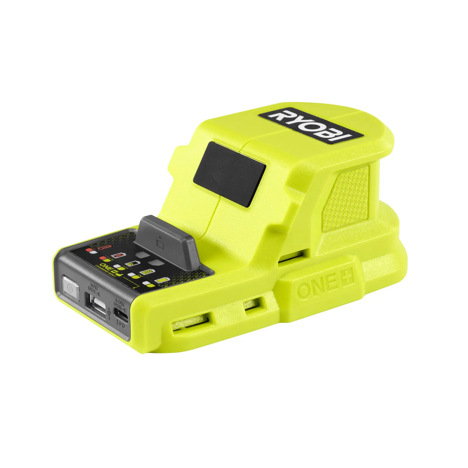 Ryobi PCG043 18V ONE+ power source and charger in green with USB ports and a phone stand