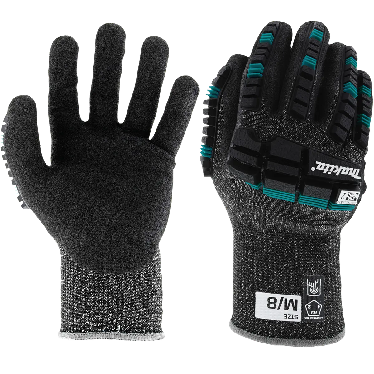 手の甲にANSI 2耐衝撃ガードを備えたMakita FitKnit 耐切創レベル3の解体用手袋